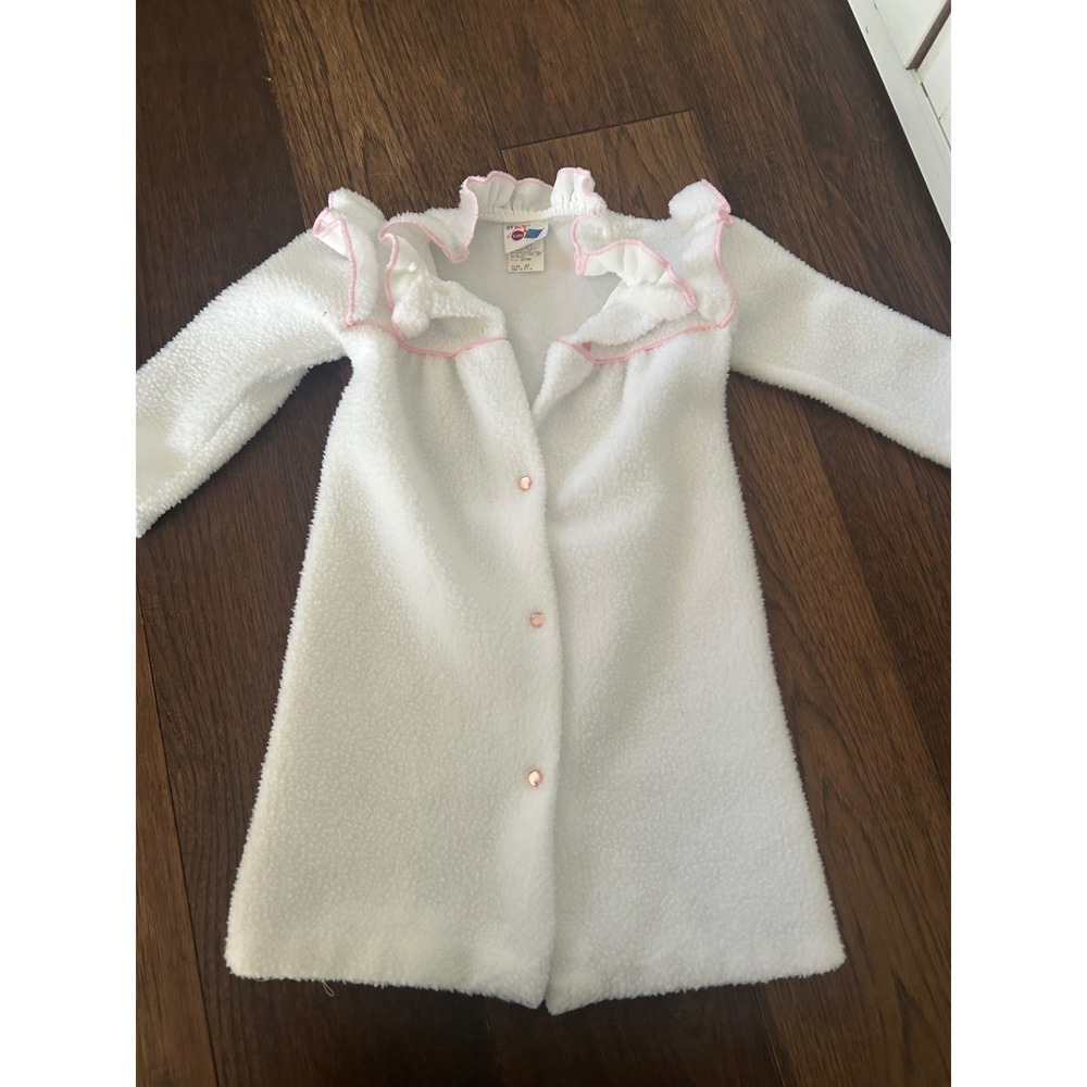 Vintage Kids & More Girls White Fleece Robe Ruffle Pink Trim 2T Made in USA